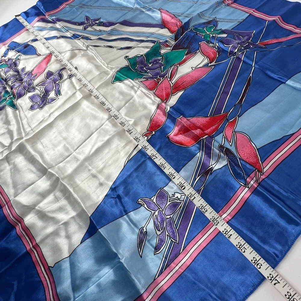 Vintage Blue Floral Satin Square Scarf Large Orchid Print 80s 90s Art Deco 36